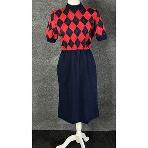 Vtg Dorothy Samuel California Design Navy Blue & Red Argyle Dress Size S/M A3850